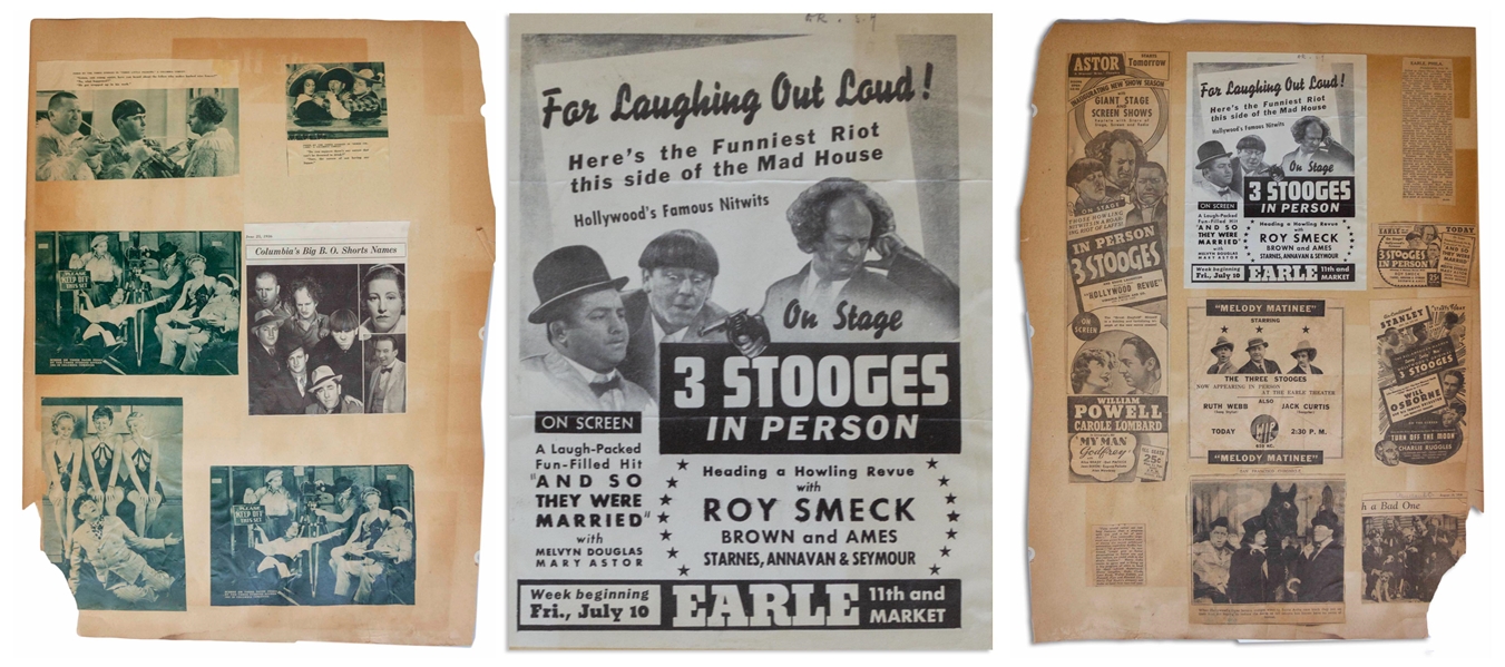 1936 Advert Measuring 7'' x 9'' for a 3 Stooges Show, Glued to 18'' x 24'' Scrapbook Sheet of Moe's News Clippings From 1936 -- Chipping & Toning, Overall Good